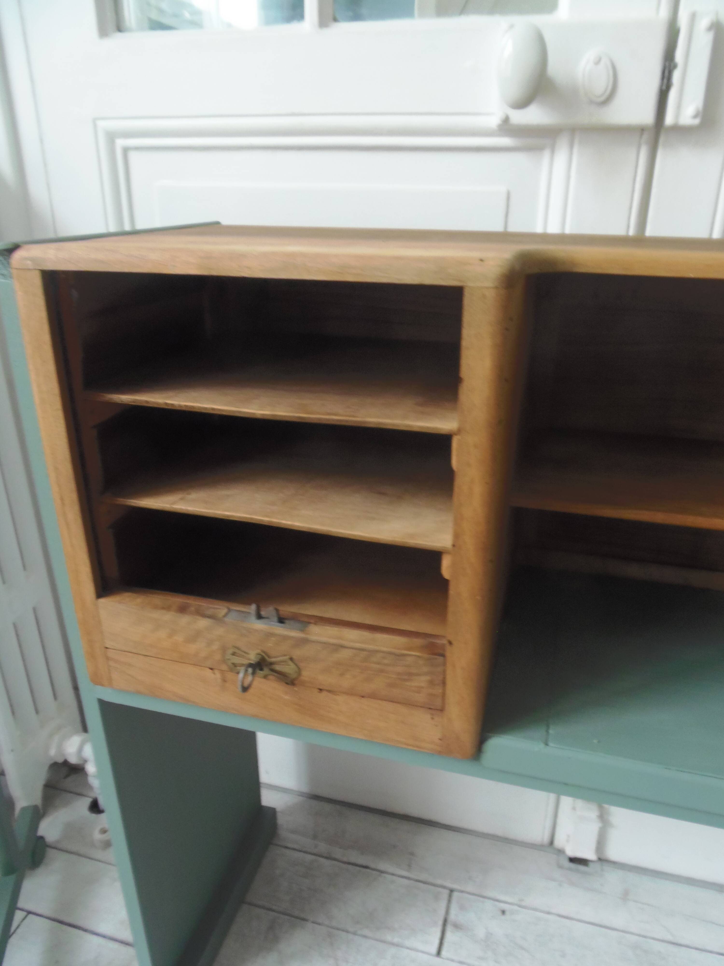 Console made with some old walnut elements. Unique smoky green piece.