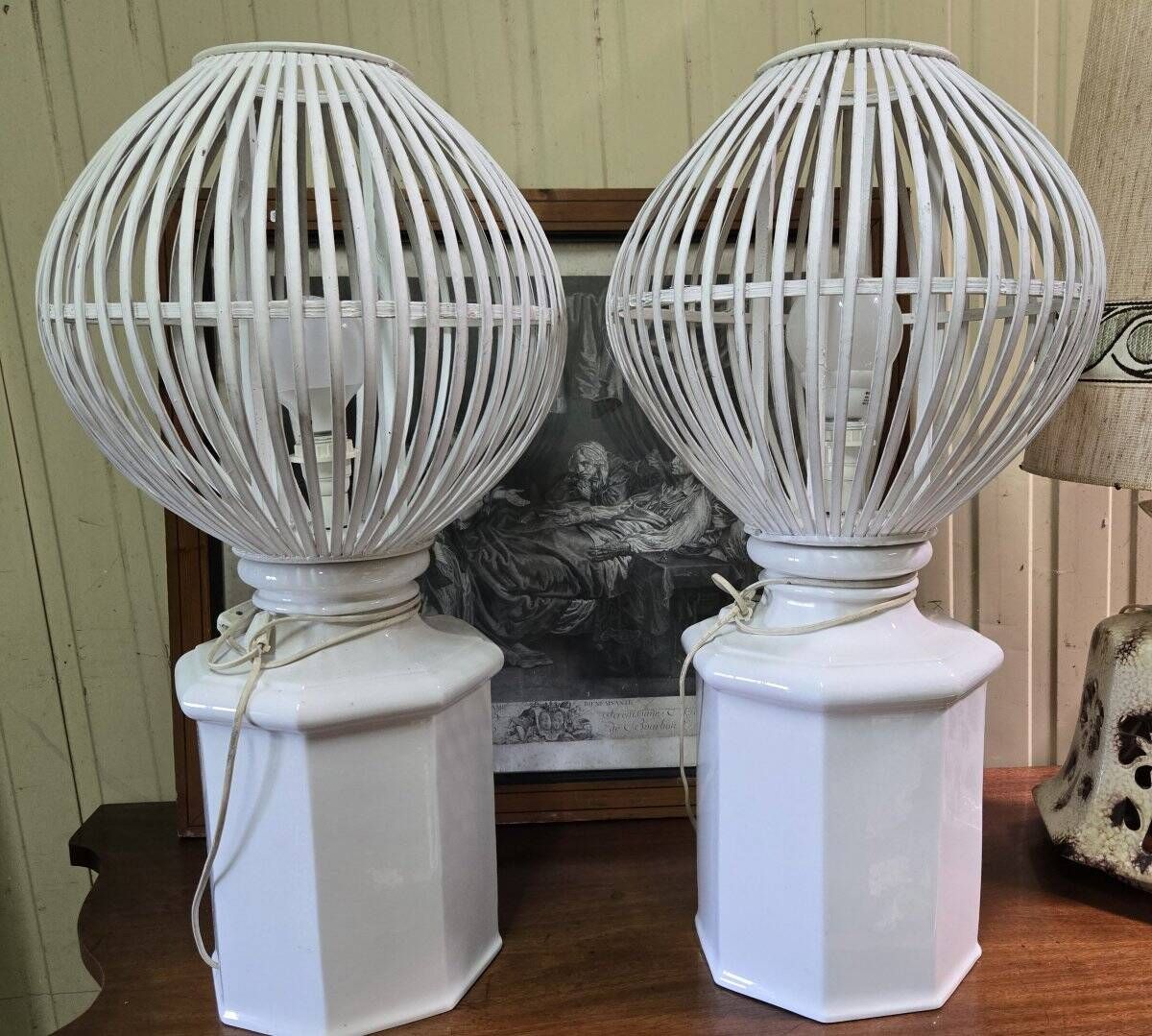 a pair of very large modernist lamps in painted ceramic and wood