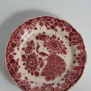 Regina Gouda Delft Hand-Painted Plate Red Peacock & Floral Motif Holland, 1950s