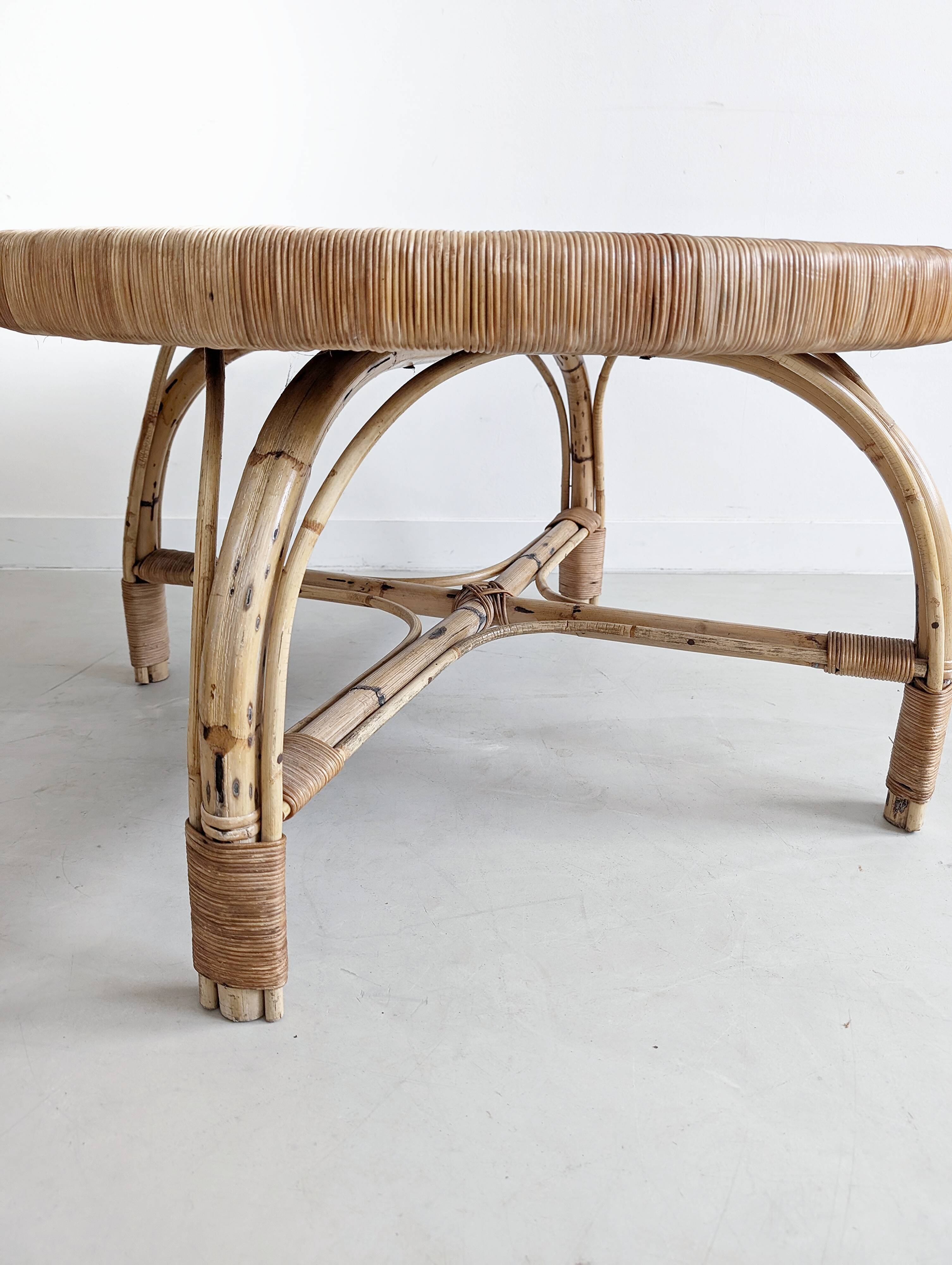 Round Black Tiled Rattan Coffee table 1960s