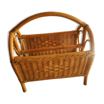 Vintage magazine holder in honey-colored rattan marrow