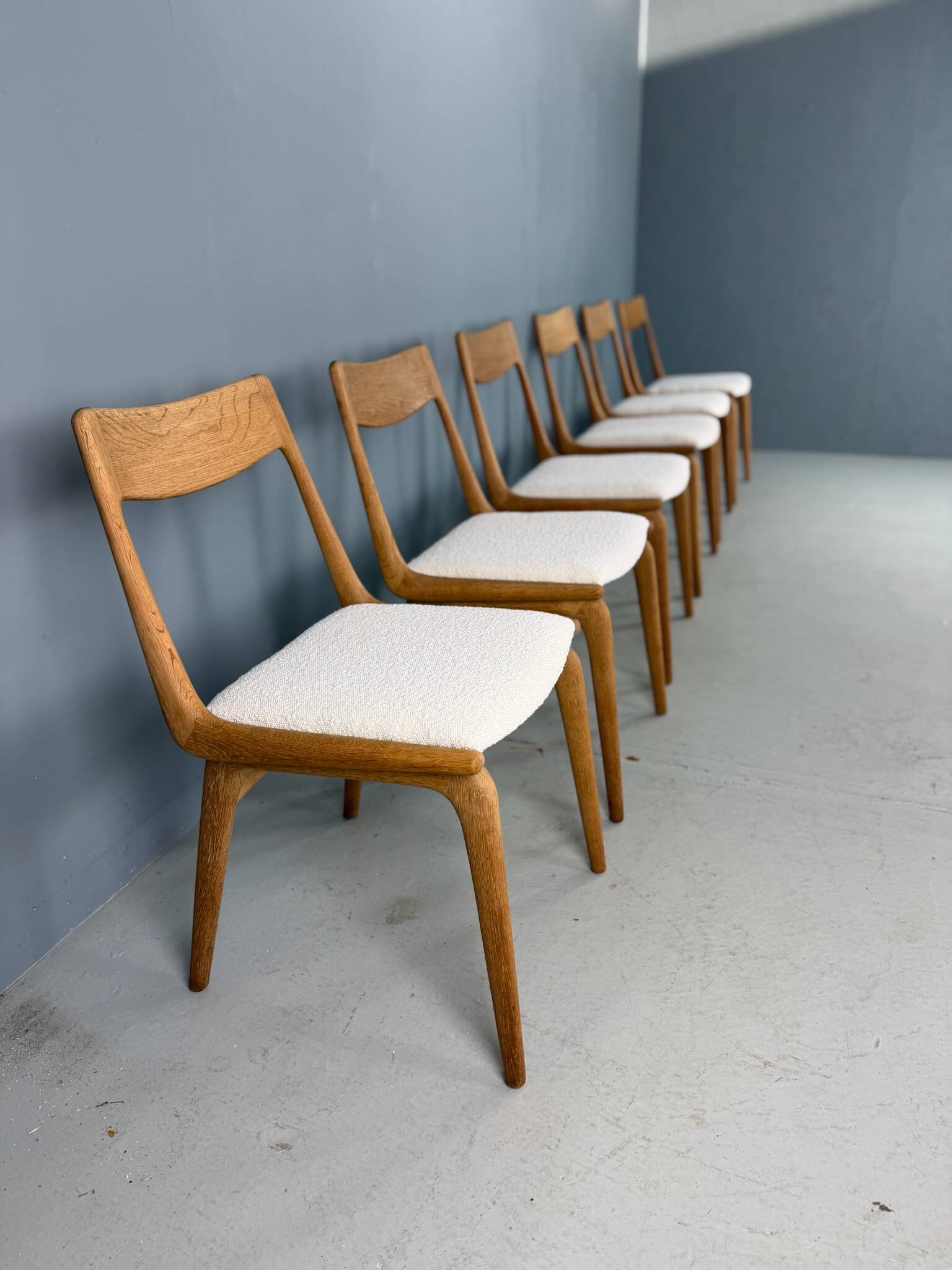 Alfred Christensen Danish oak "Boomerang" chairs set of 6 boucle fabric