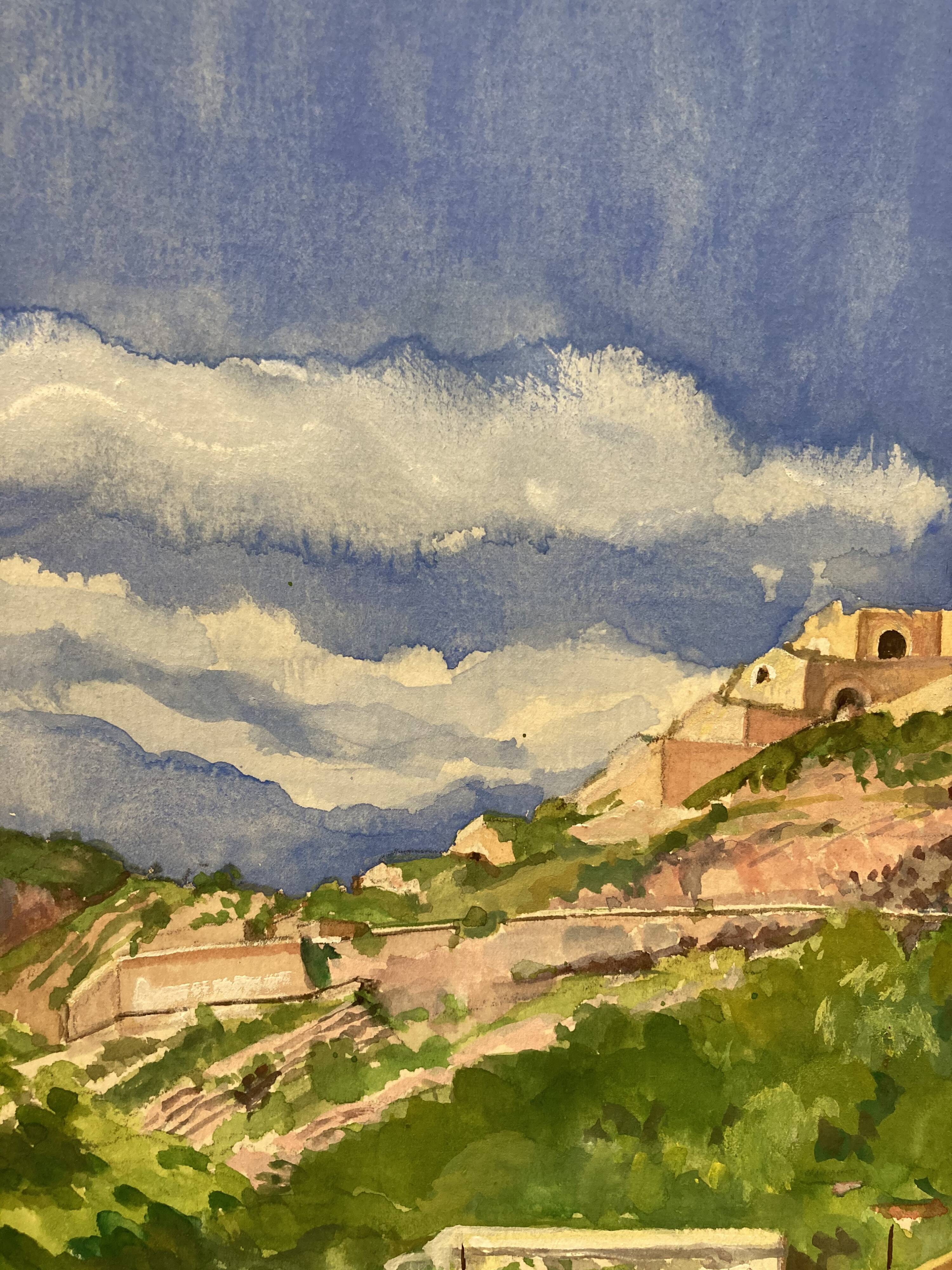 Watercolor Provencal landscape with fortified ramparts