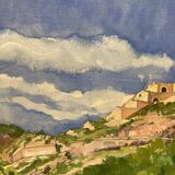 Watercolor Provencal landscape with fortified ramparts