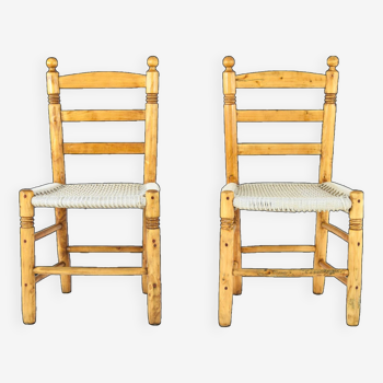 Antique low Traditional Andalusian Mediterranean Chairs made of Wood and Rope