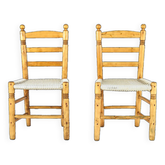 Antique low Traditional Andalusian Mediterranean Chairs made of Wood and Rope