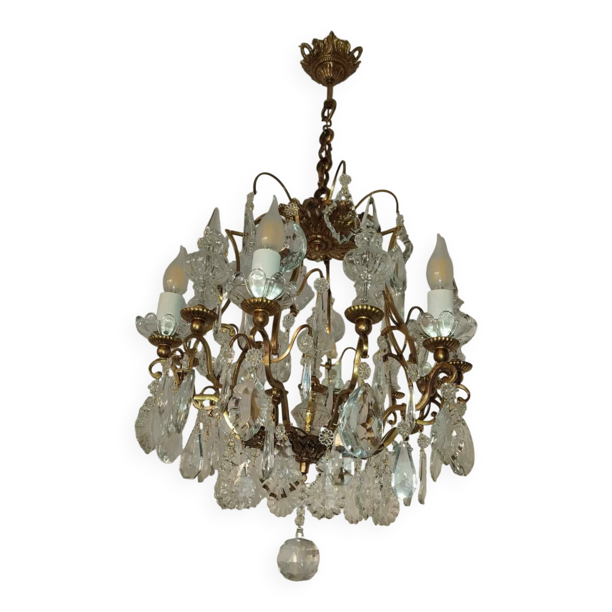 Cage chandelier with 6 light arms and crystal dagger, late 19th century