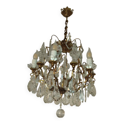 Lustre cage 6 bras de lumière avec poignard en cristal, fin 19ème