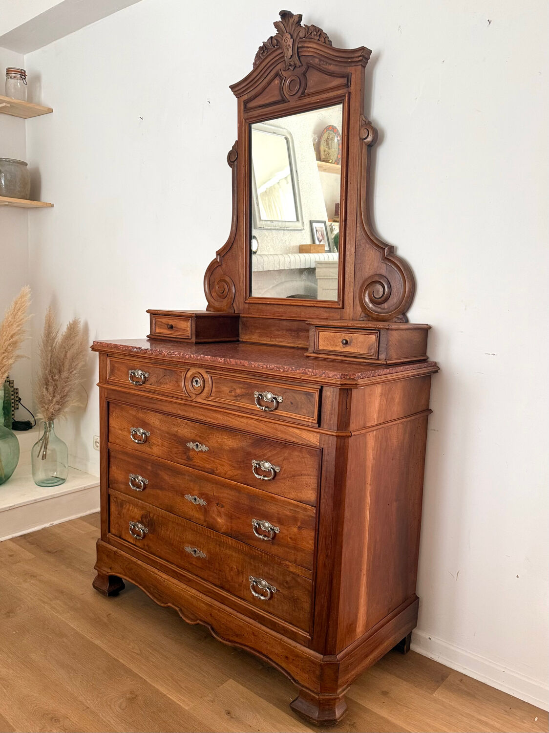 Louis-Philippe walnut commode with marble top and pediment mirror –