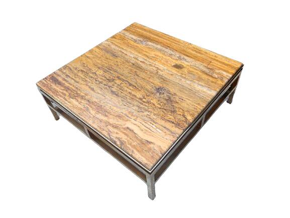 Table basse Guy Lefevre maison Jansen, laiton doré et travertin