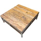 Table basse Guy Lefevre maison Jansen, laiton doré et travertin