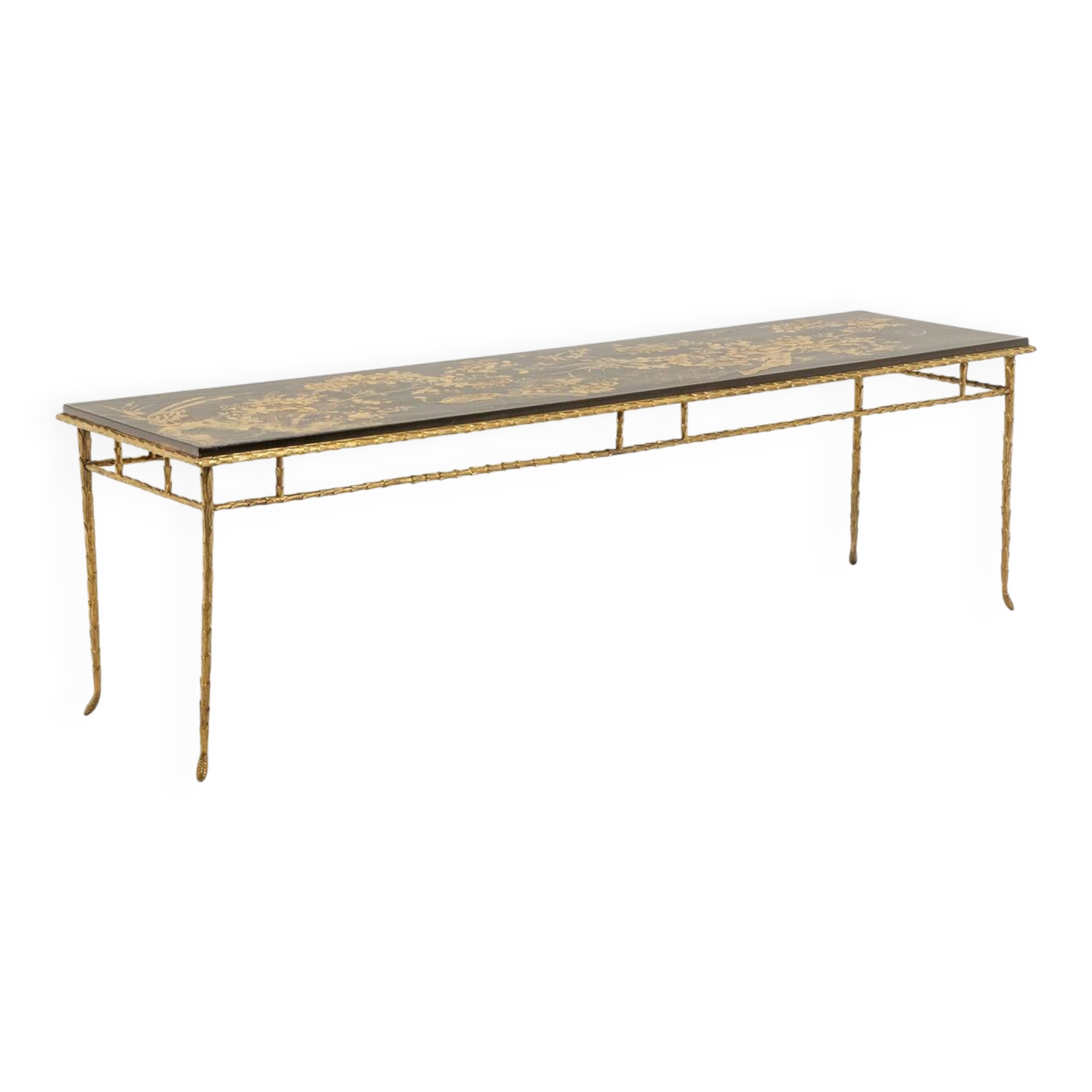 Maison Baguès. Table basse en bronze, laque noire, décor or. Circa 1970
