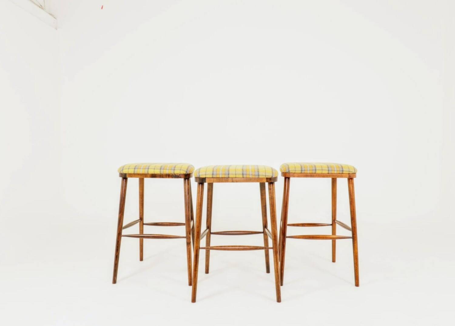 Set of three bar stools in vintage style rustic wood wool upholstery