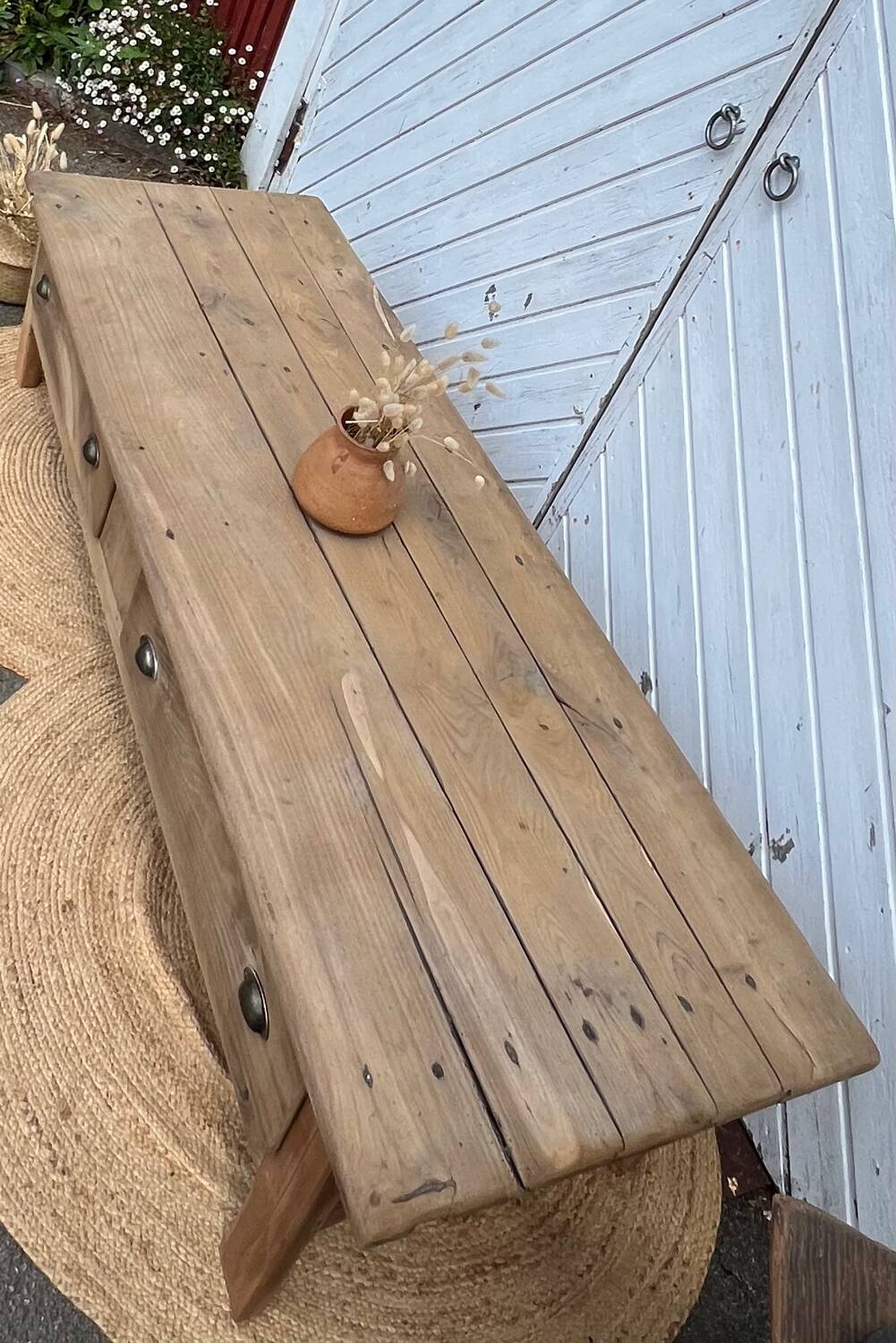 Large antique farmhouse coffee table with a chic country feel