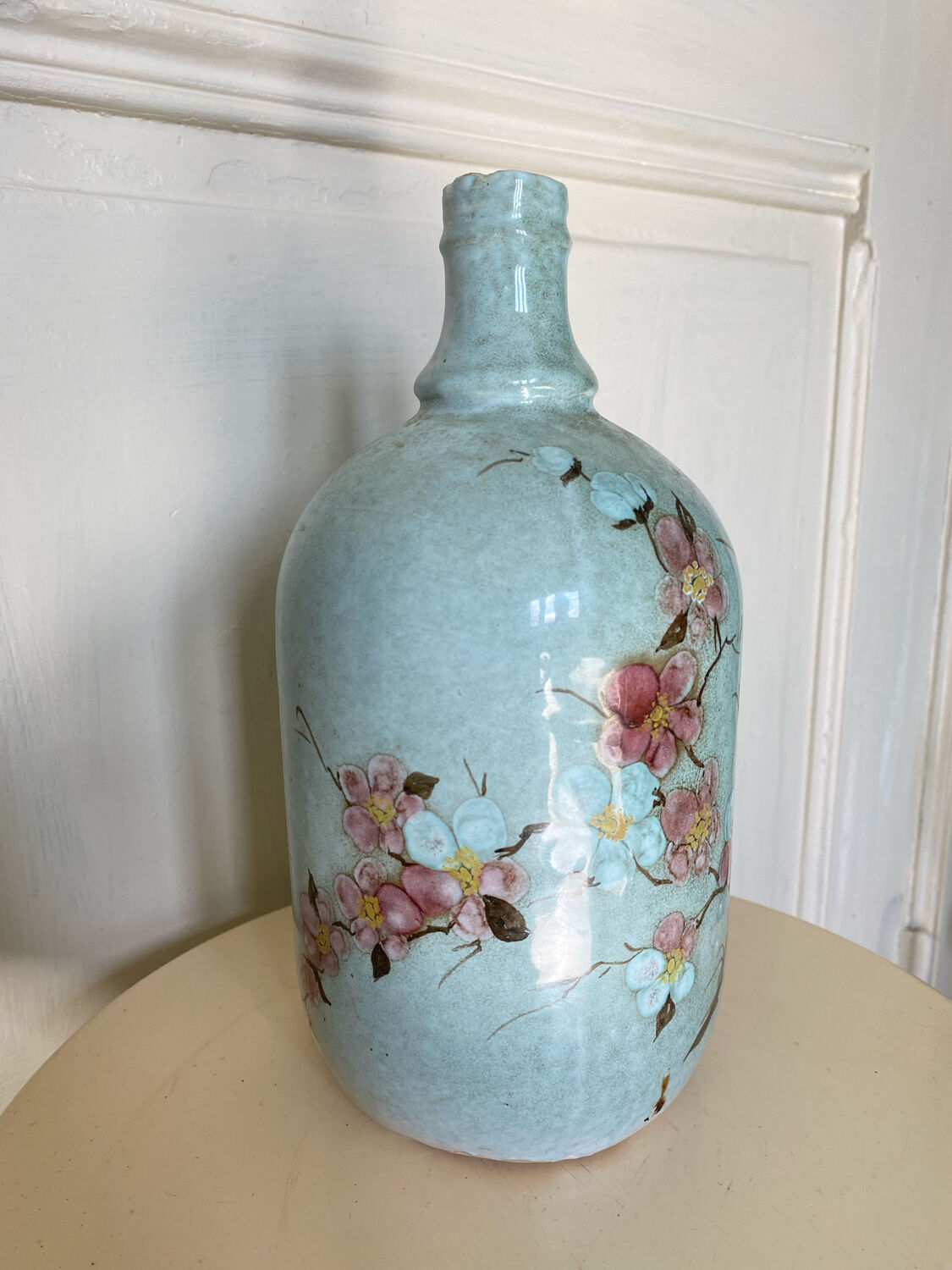 Signed ceramic bottle vase, cherry blossoms, 70s