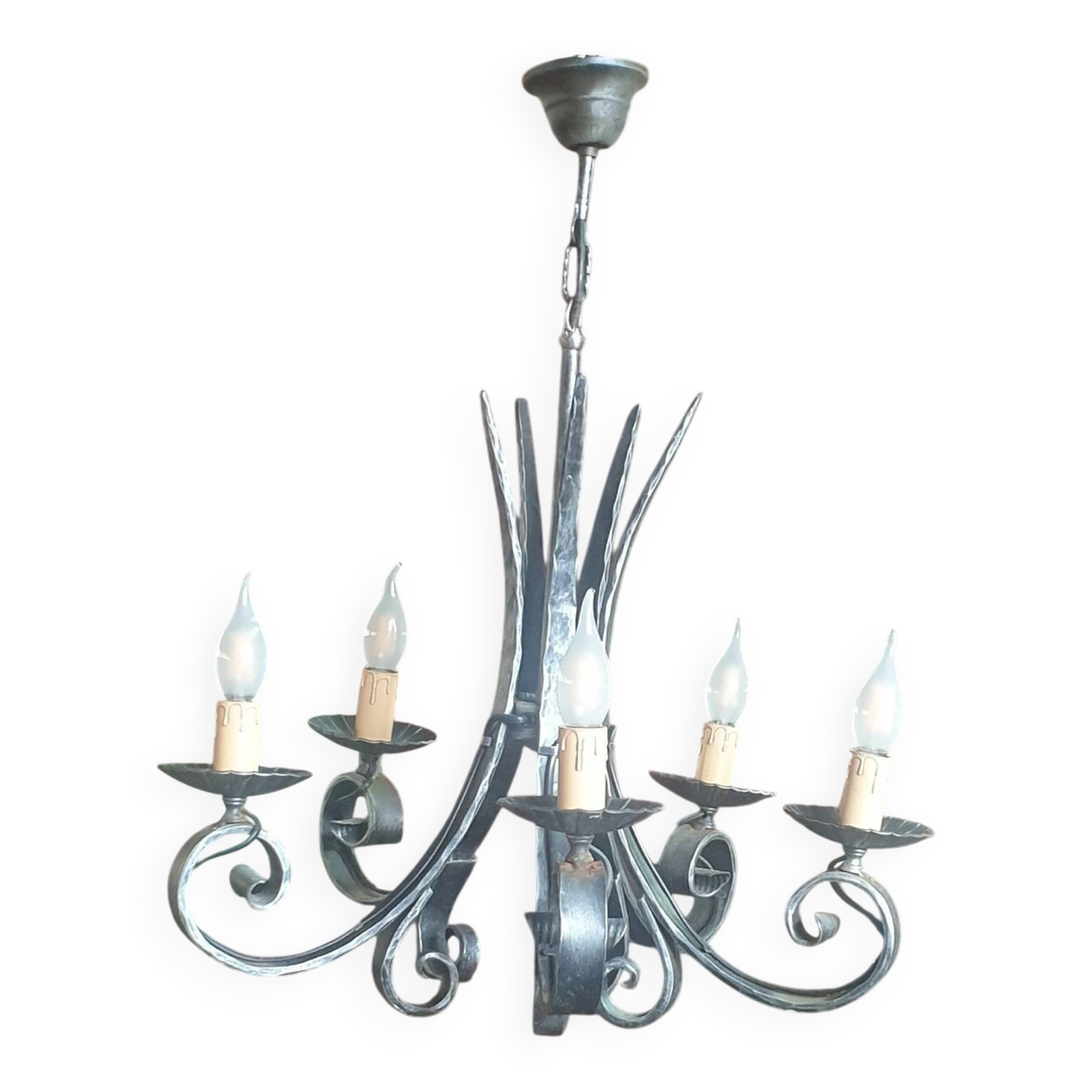 Wrought iron chandelier with 5 lamps - 20th century