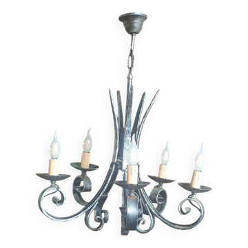 Wrought iron chandelier with 5 lamps - 20th century