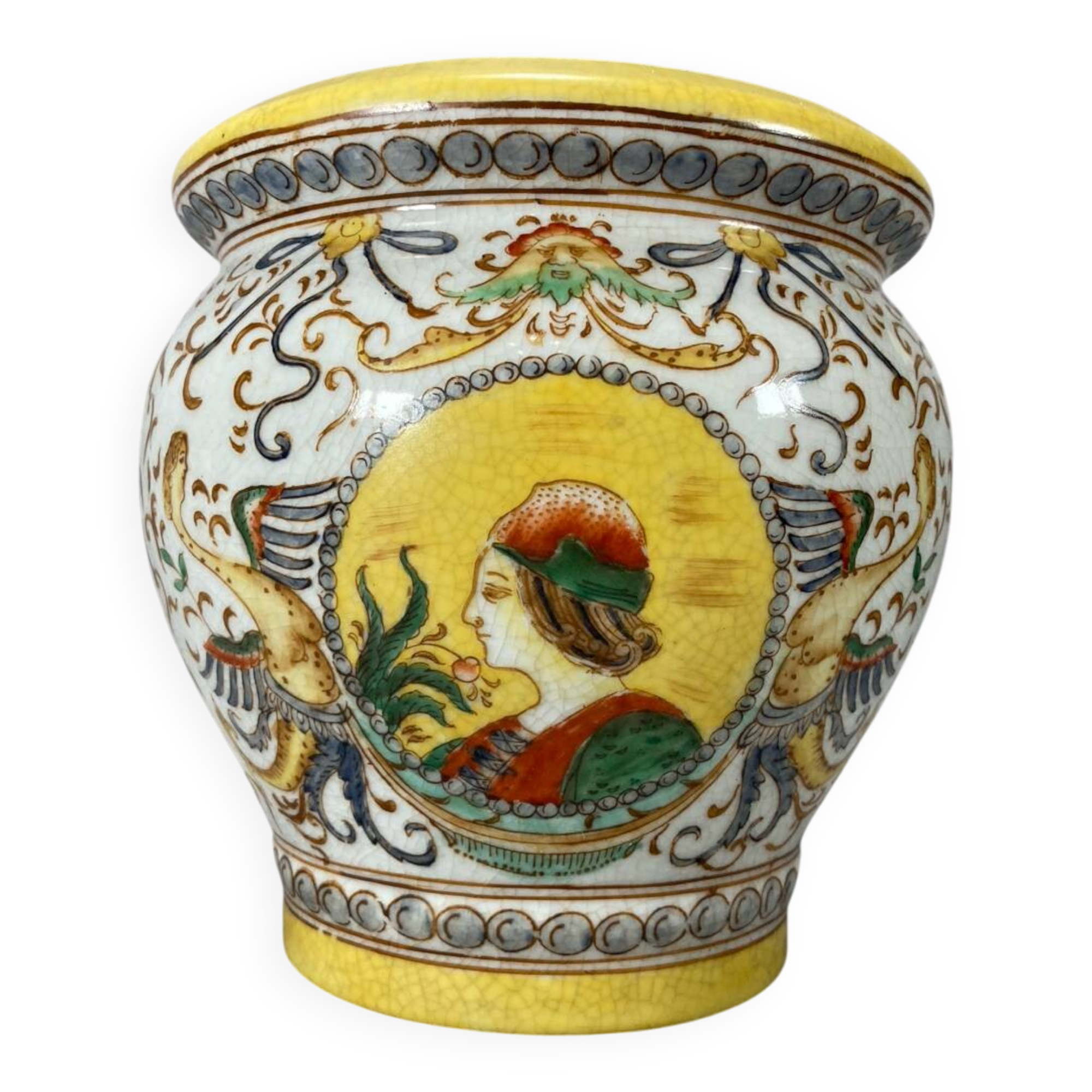 Pot/Cachepot. Italian Renaissance Majolica ceramic. Asiatic style