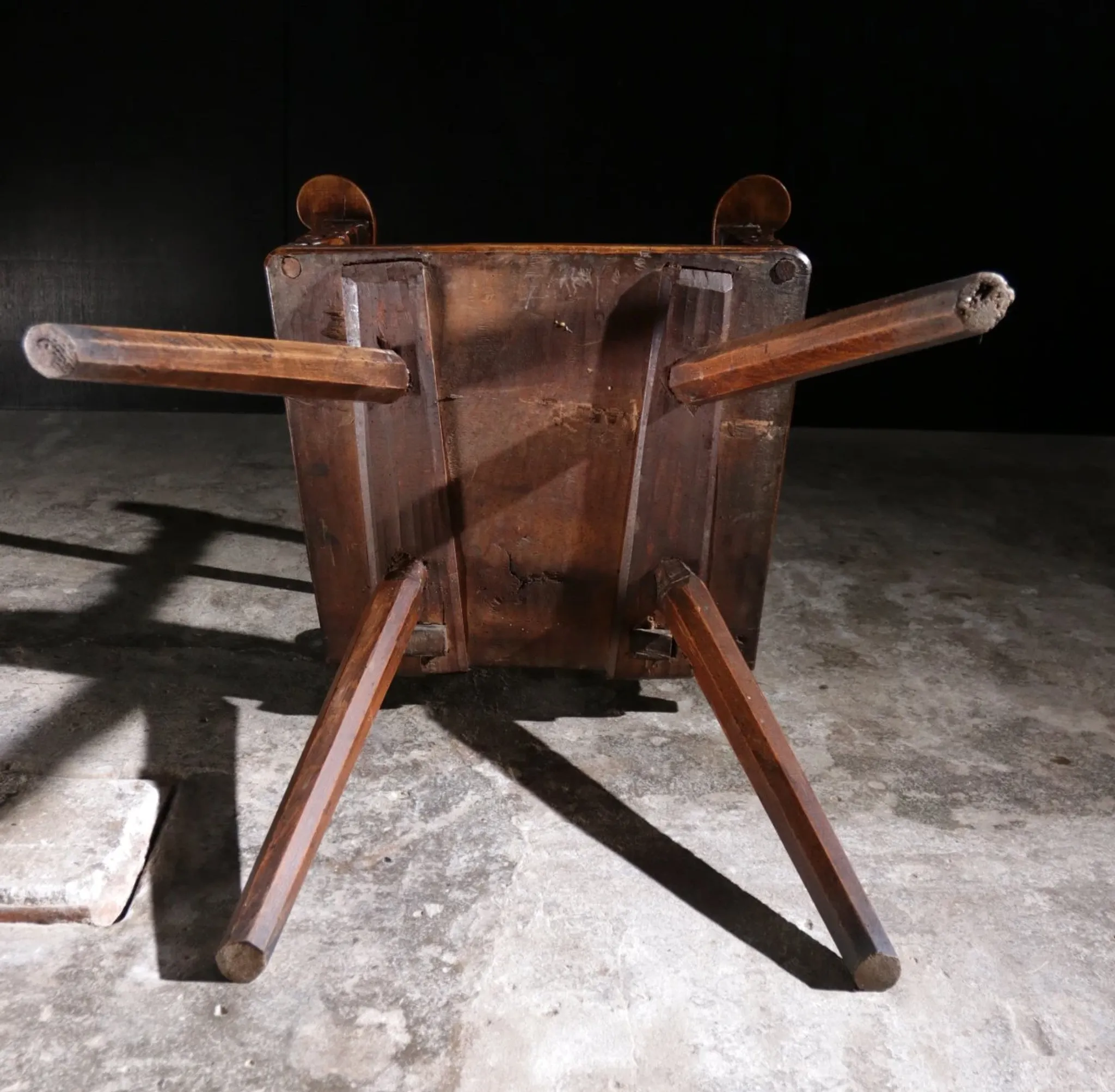 17th century Alpine carved walnut Brettstuhl armchair with grotesque mask