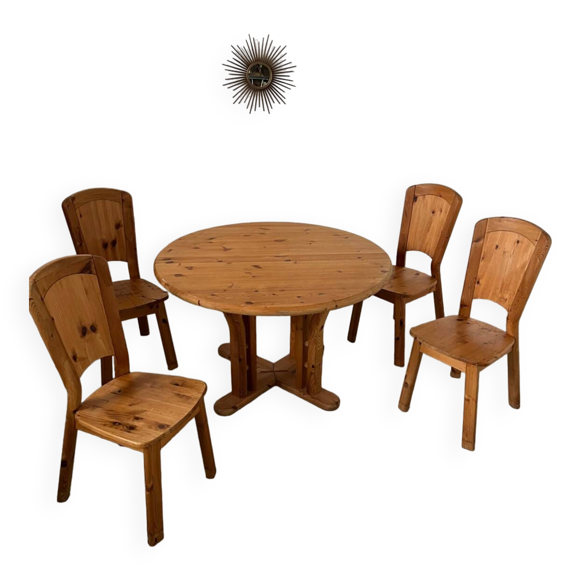French design pine table and chair set from the 70s brutalist vintage arcs