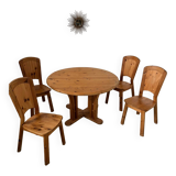 French design pine table and chair set from the 70s brutalist vintage arcs