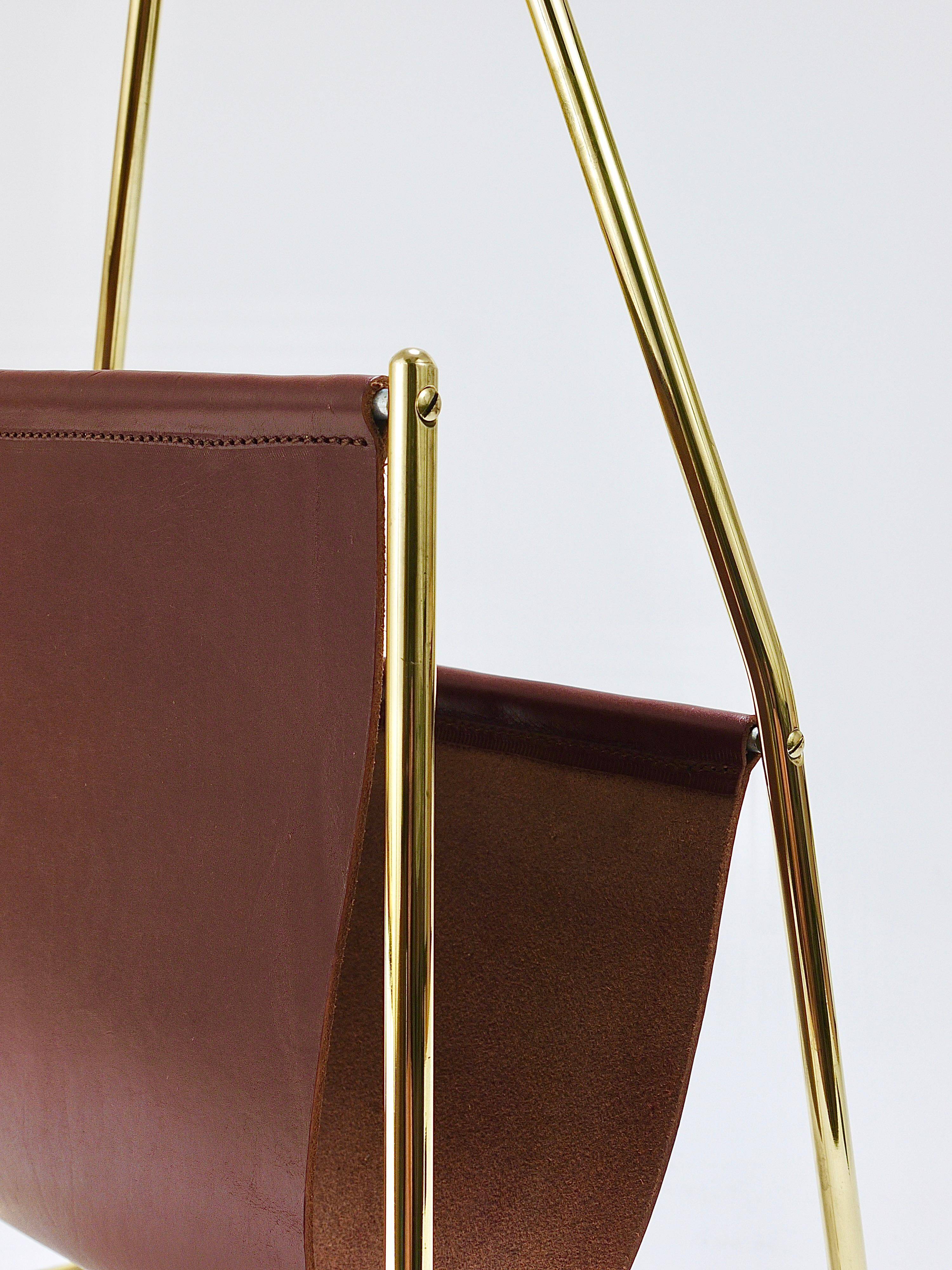 Porte-revues Carl Auböck II Midcentury, laiton et cuir marron, vintage, Autriche