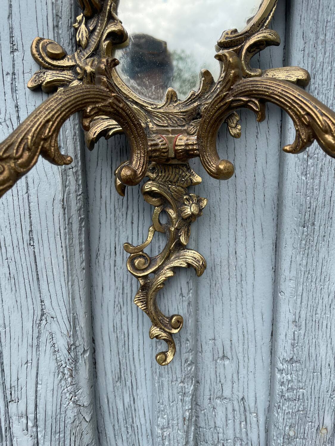Pair of vintage bronze wall sconces with mirror and 2 candles