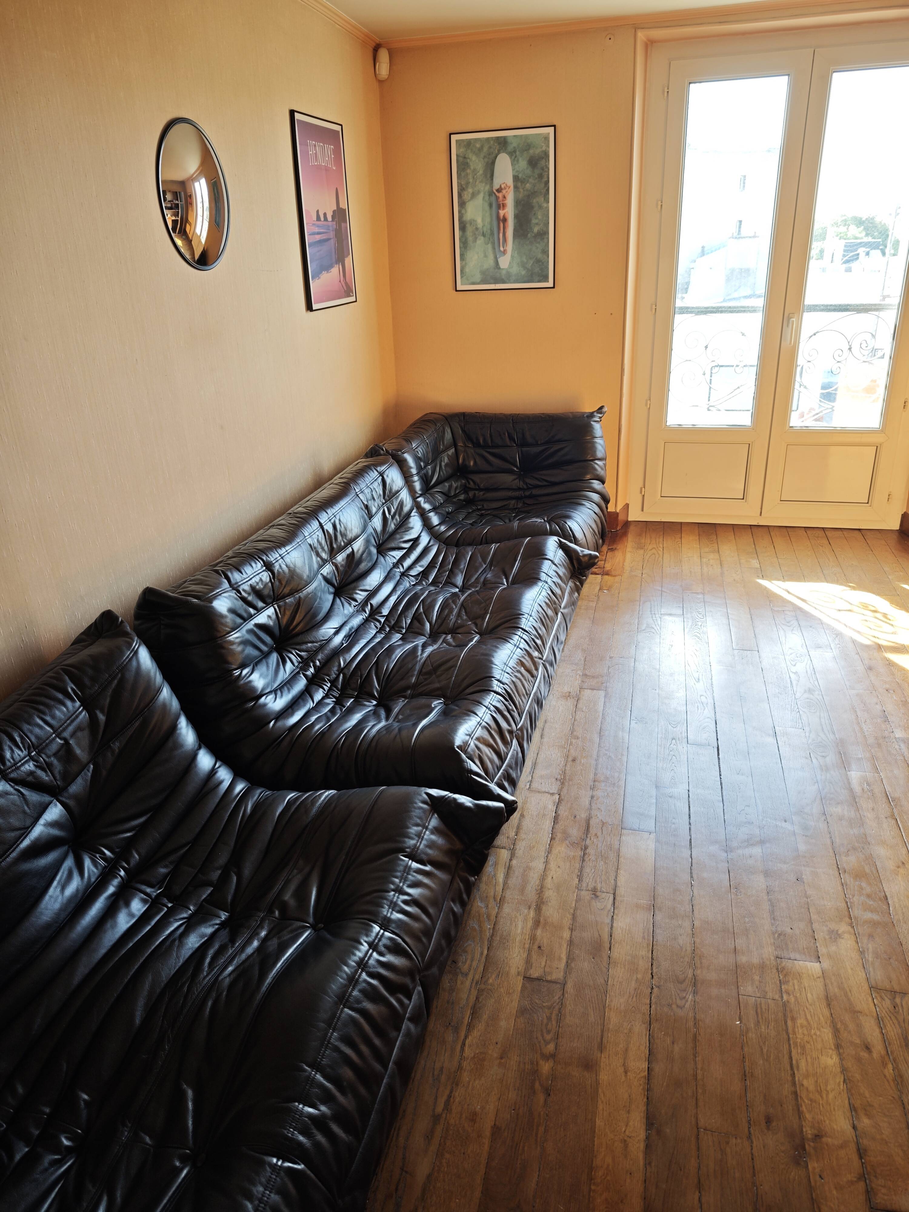 Ligne Roset Togo sofa, 3-seater, 2-seater, and corner in black leather.