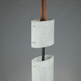 Scandinavian floor lamp in black lacquered steel and teak with two diffusers