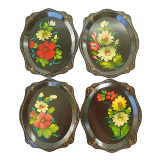 Set de 4 plateaux russes fleurs en plastique vintage