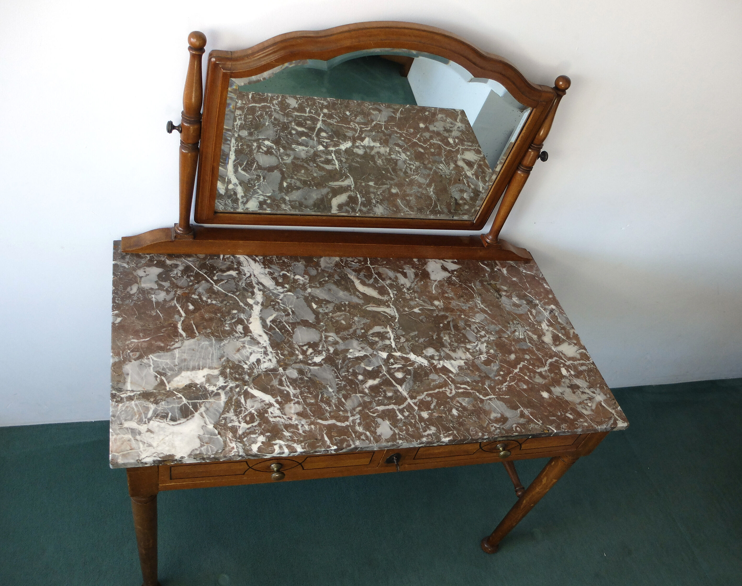 Belgian Art Deco dressing table with marquetry, red marble top, 1920-1930