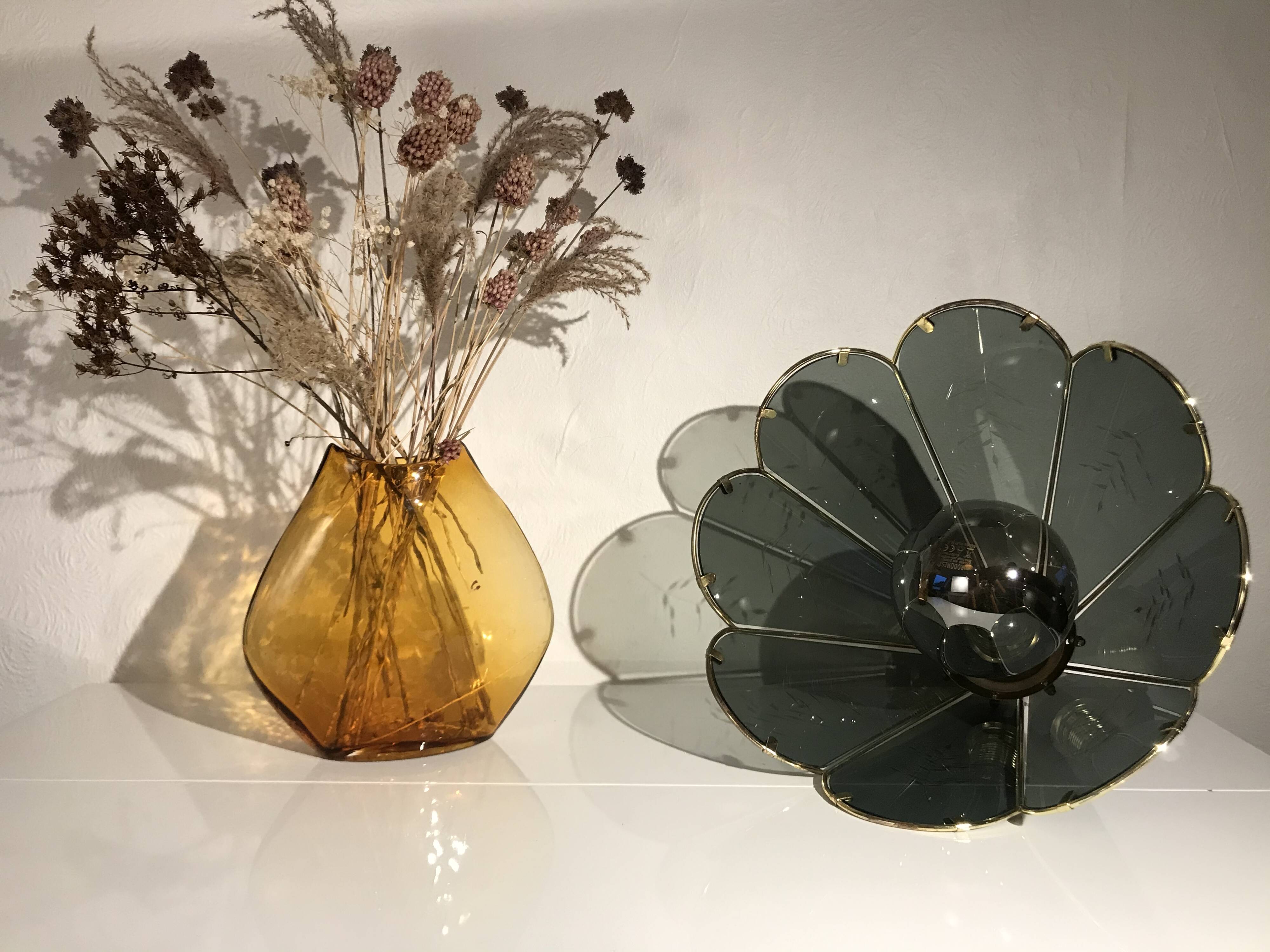 Vintage chandelier in smoked glass and gold metal