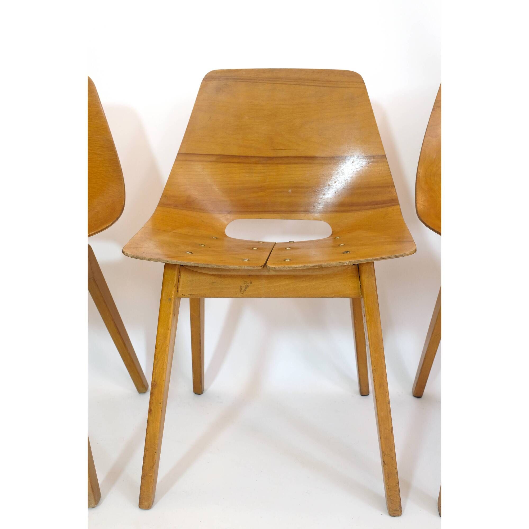 Set of 4 barrel chairs, wooden base, Pierre Guariche, Steiner, 1950s.