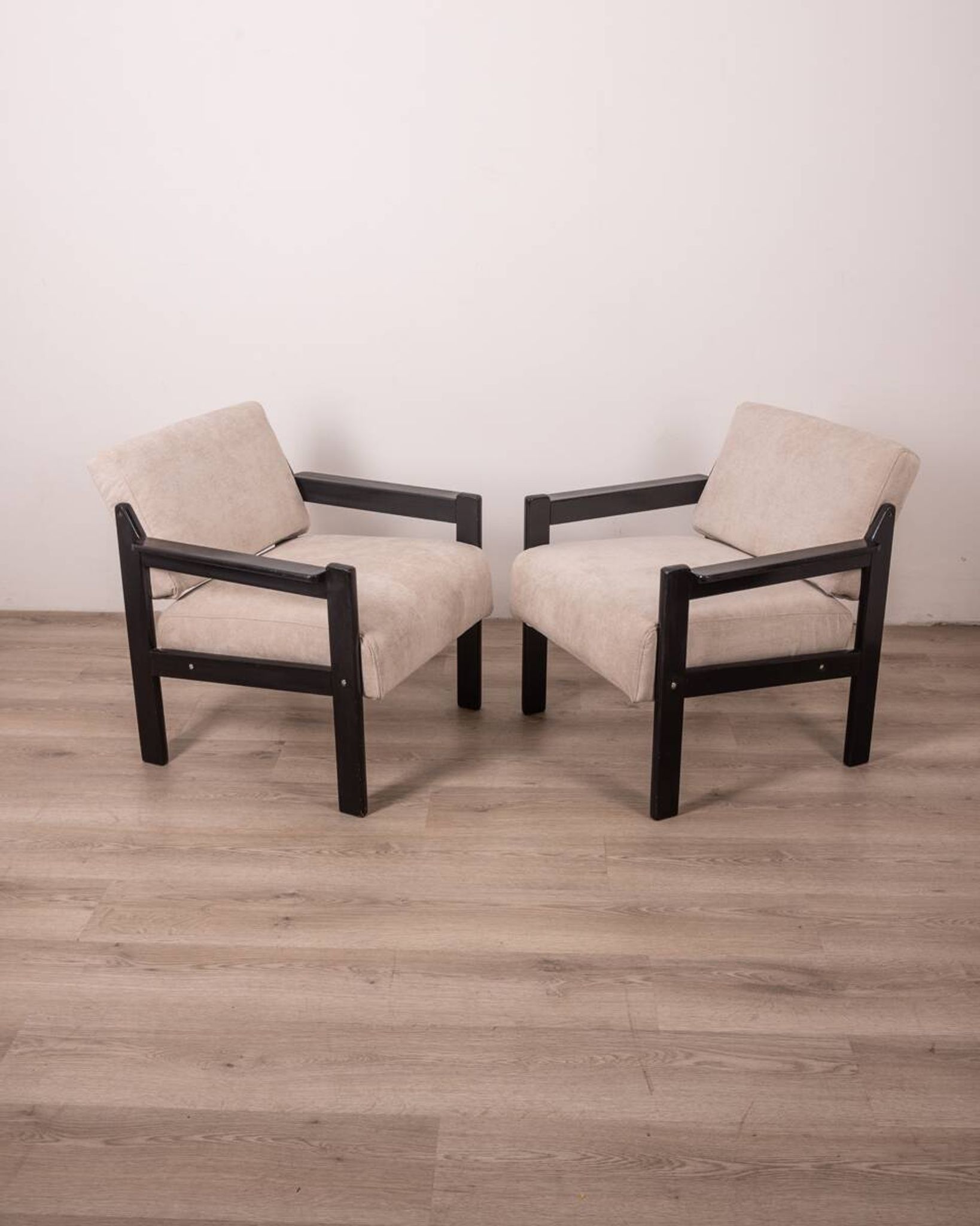 Pair of vintage 80's armchairs in wood and fabric italian design