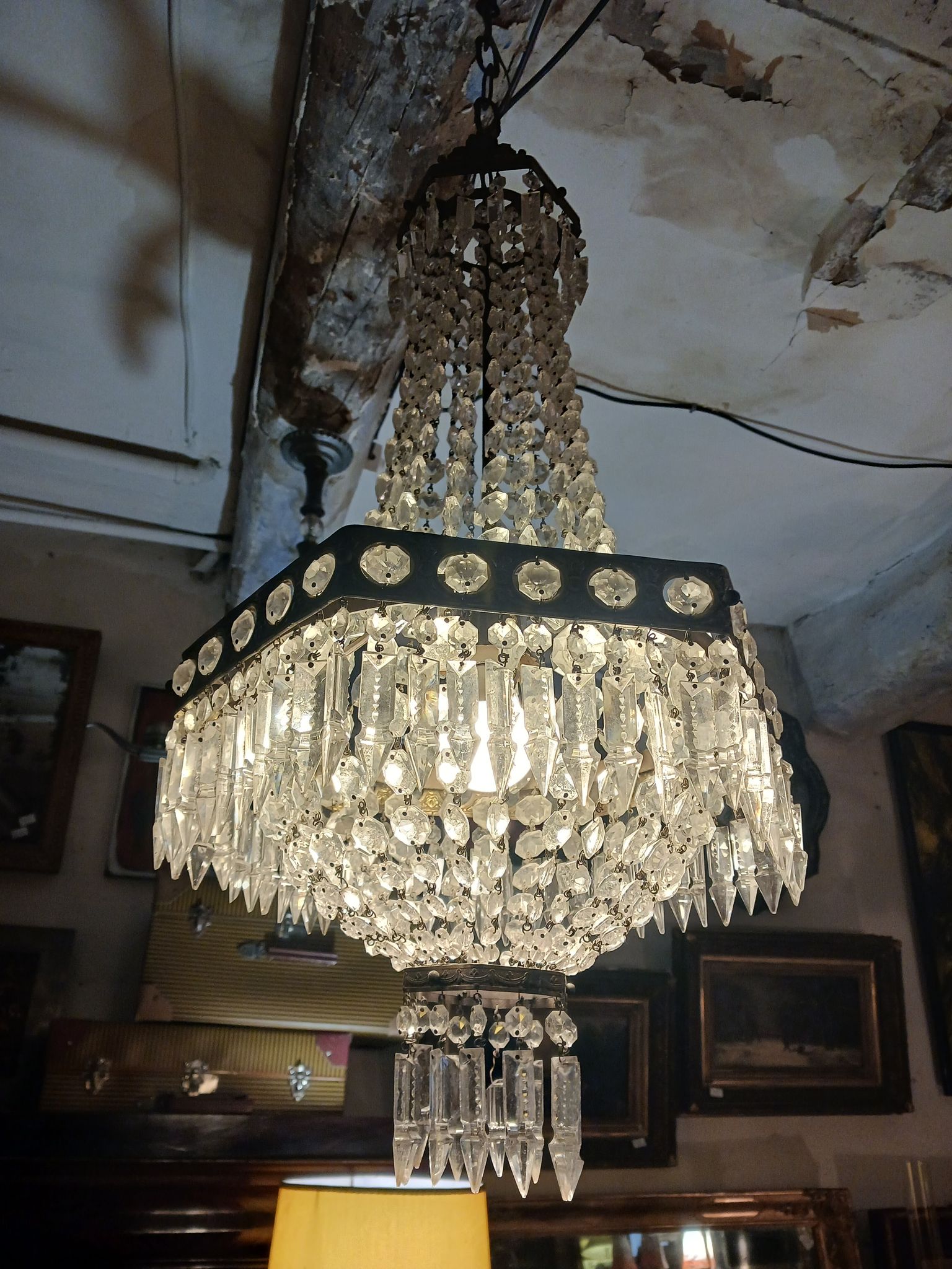 Hexagonal hot air balloon chandelier, glass pendilles, first half of the XX th