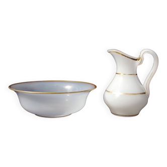 Old toilet set pitcher + washbasin in milky opaline 19th