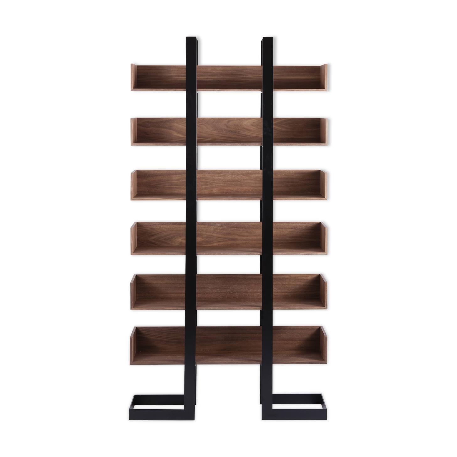 Severin 3 library in American walnut and matte black steel.