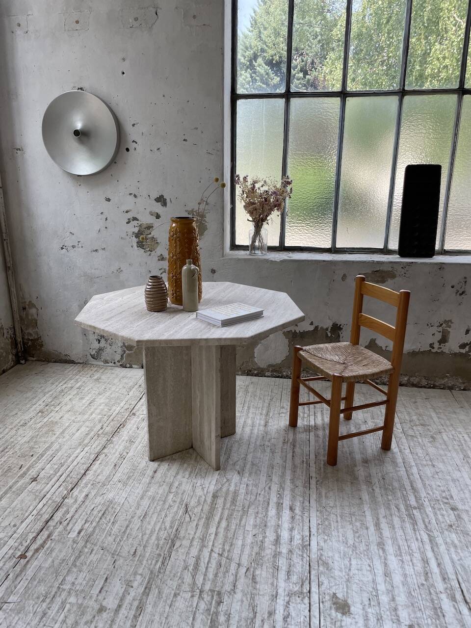 Octagonal travertine coffee table