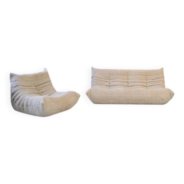 Togo 3 seater and armchair in white corduroy