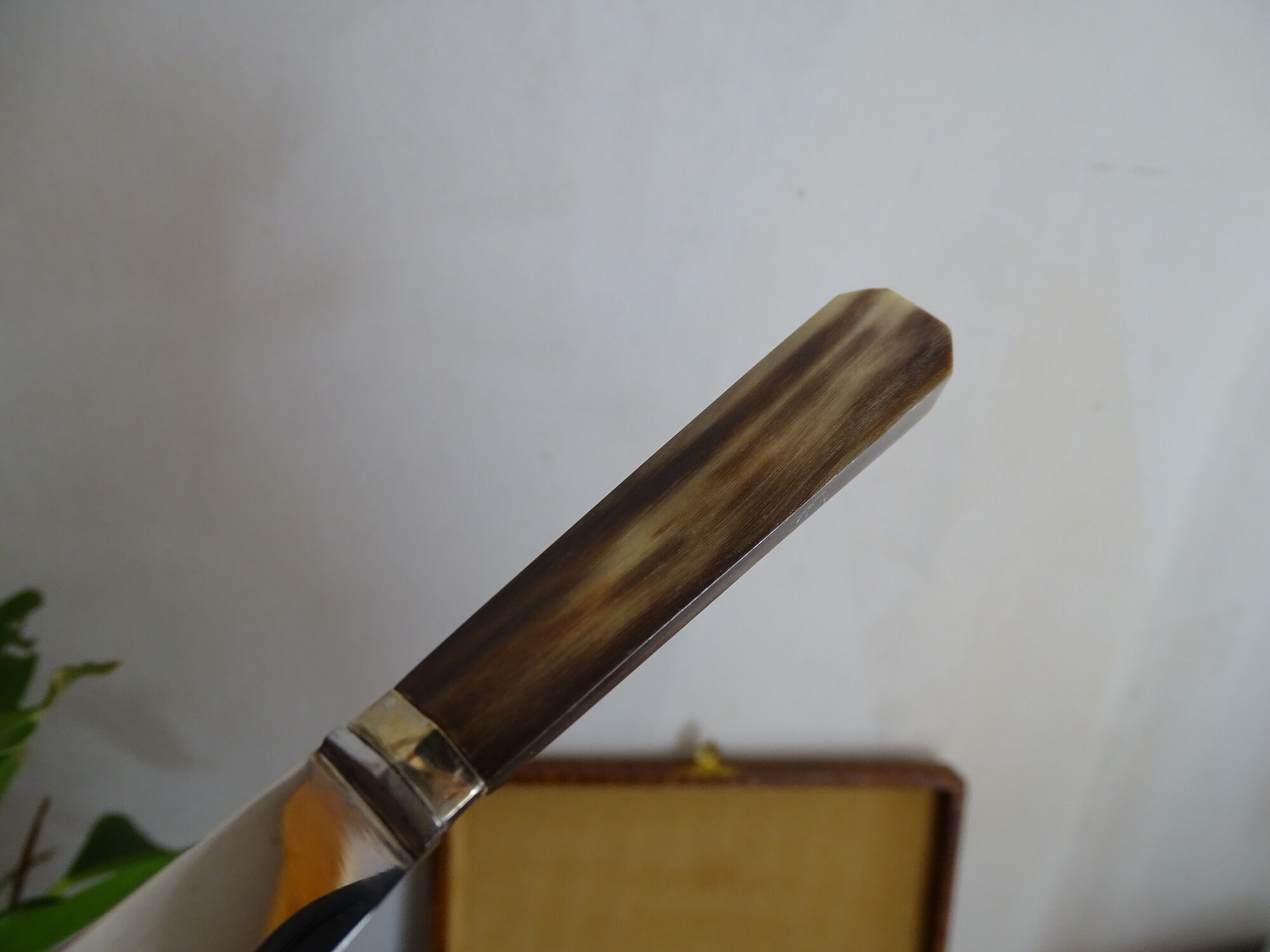12 vintage Pradel cheese knives horn and stainless steel handles in case