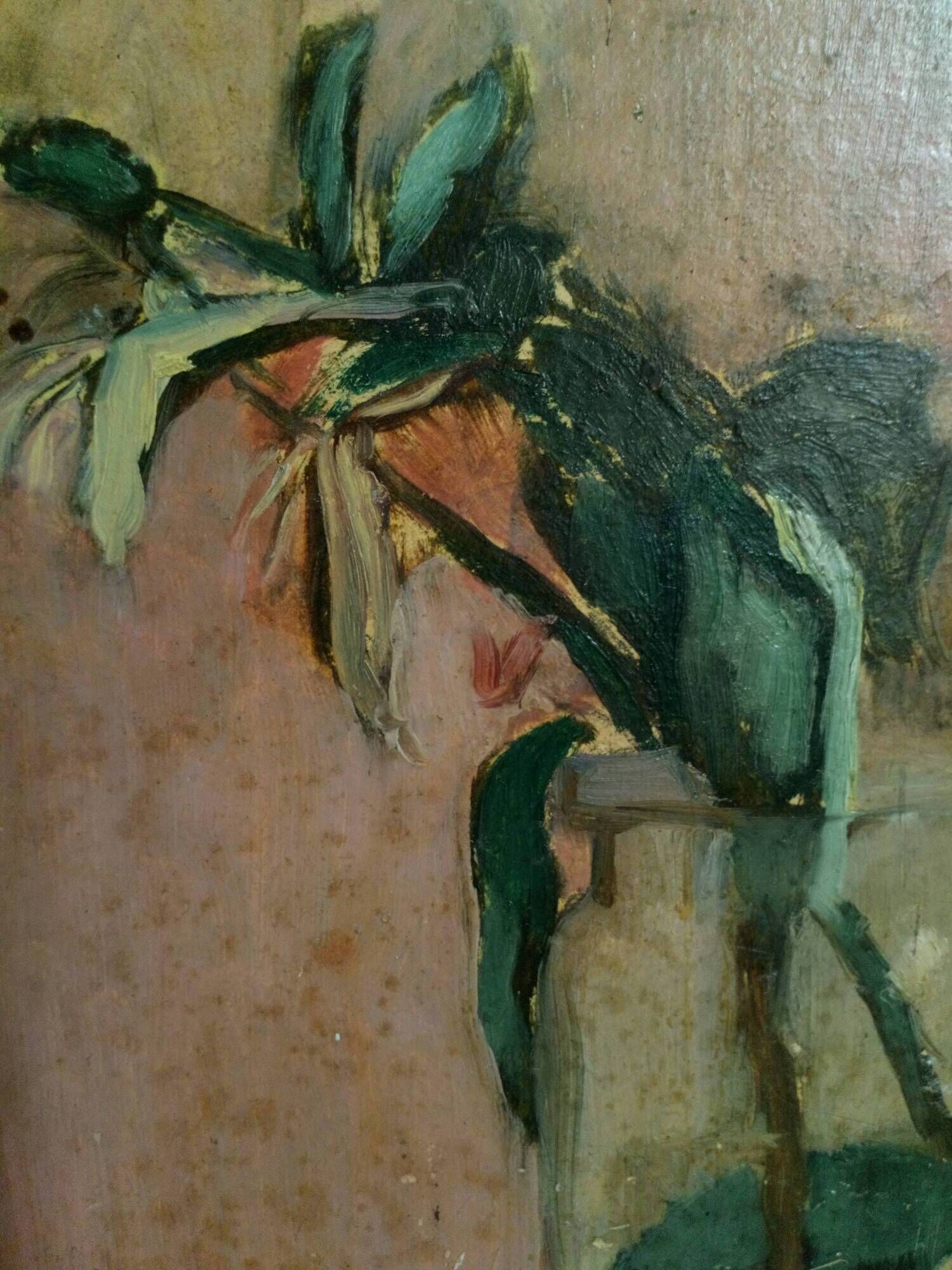 Oil painting on cardboard honeysuckle branch