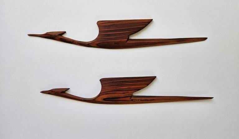 Pair of rare mid-century wooden wall sculptures representing birds and herons, Denmark, 1960s.