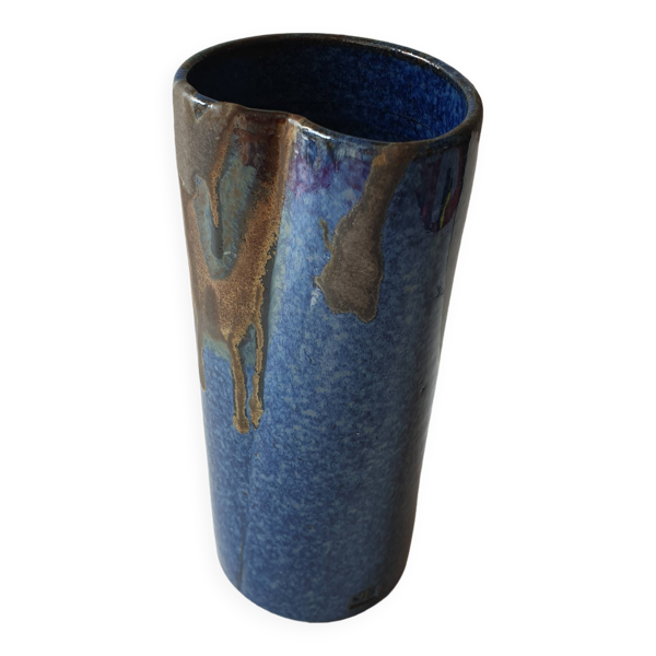 Vase en céramique à couverte bleue Signée Jean CACHELEUX (Puisaye)