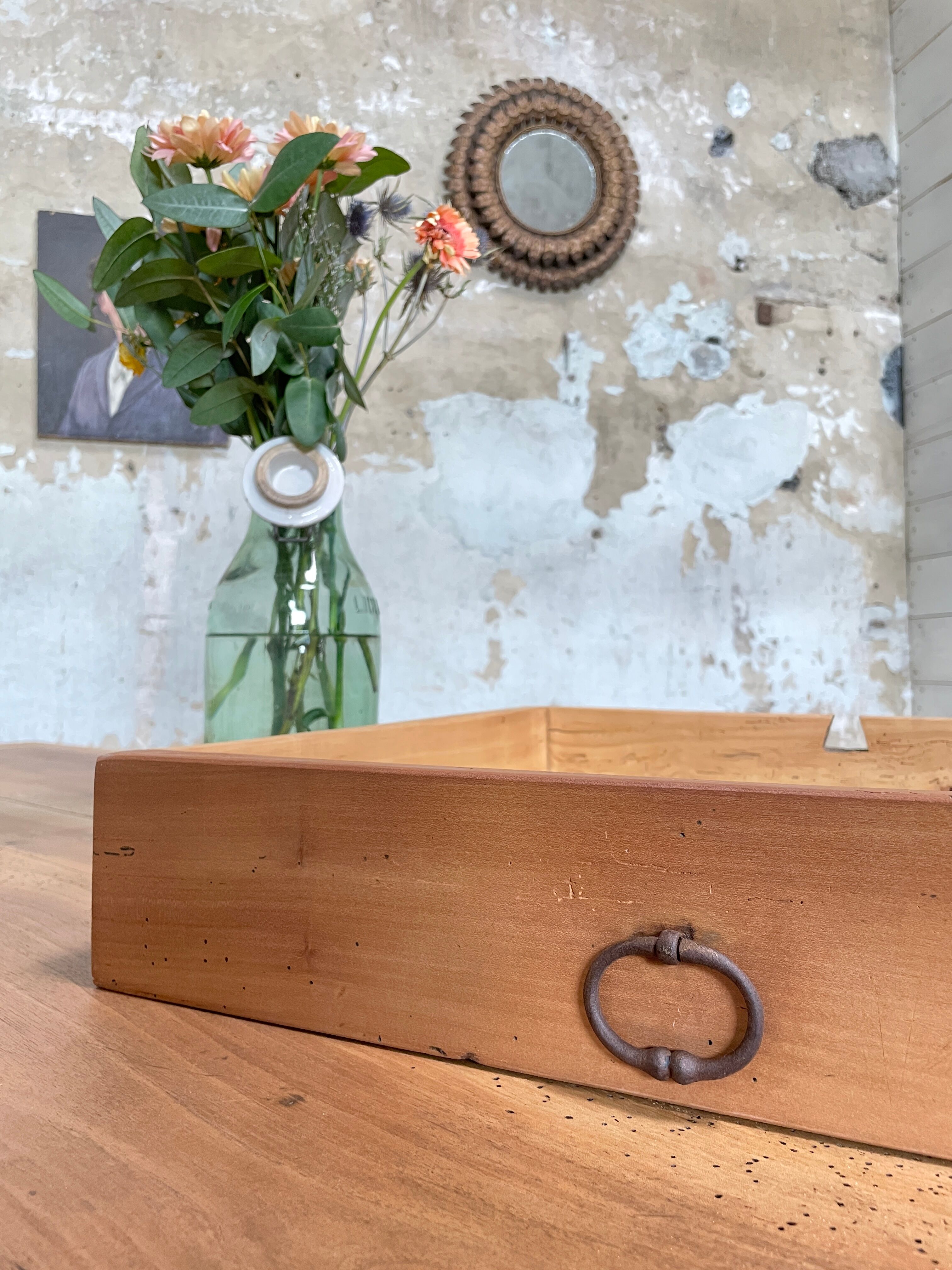 Vintage farmhouse table with spindle legs.