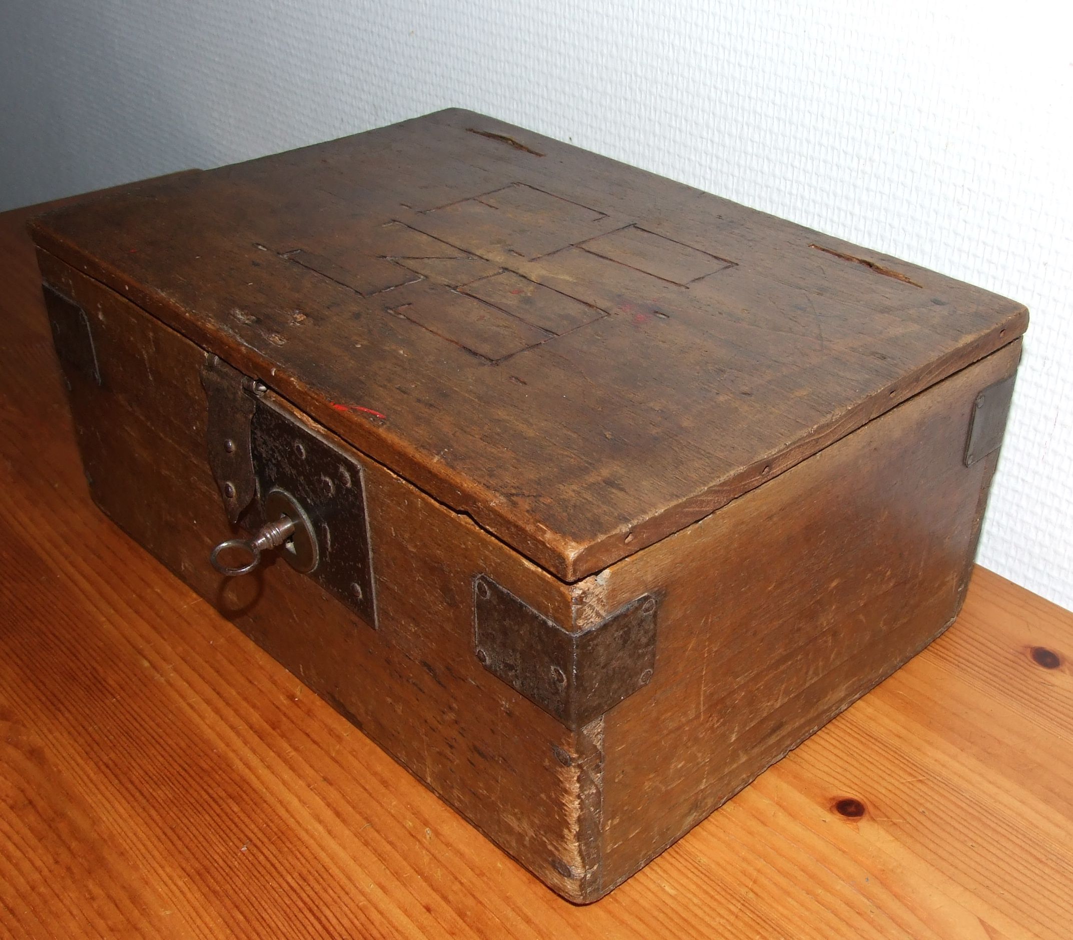 Old box with inscription, fittings, lock and key