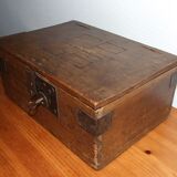 Old box with inscription, fittings, lock and key
