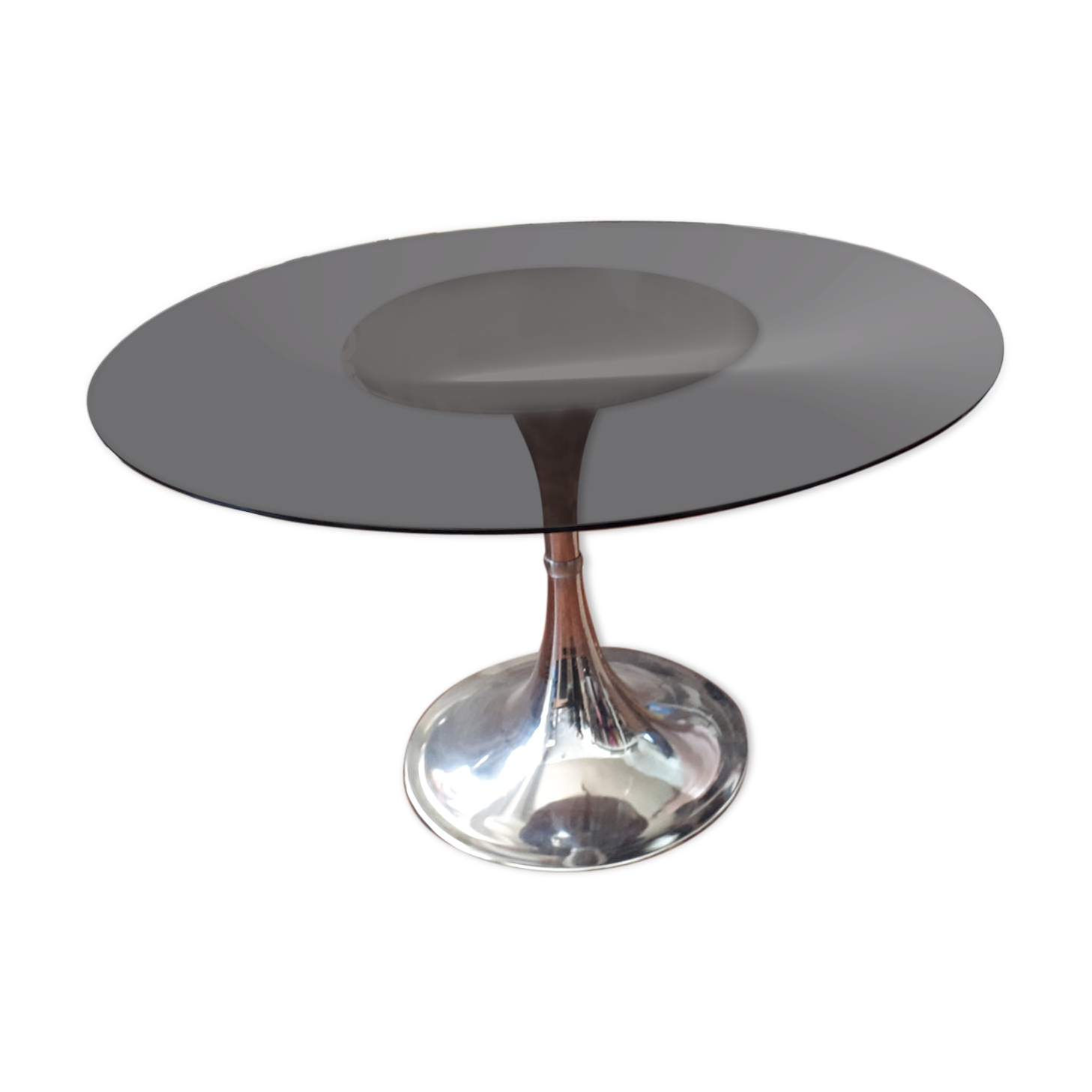 round table tray smoked glass foot tulip chrome vintage 1970