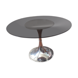 round table tray smoked glass foot tulip chrome vintage 1970