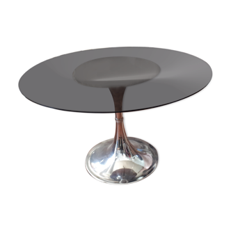round table tray smoked glass foot tulip chrome vintage 1970