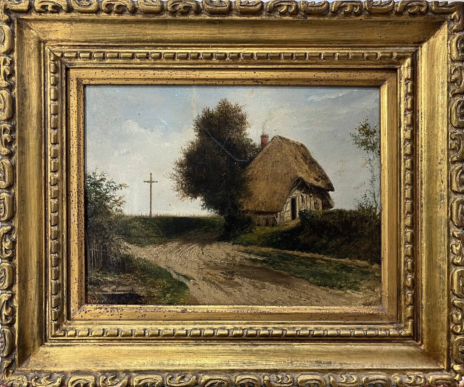 Tableau HST "Cottage by the roadside" calvary Brittany 19th century